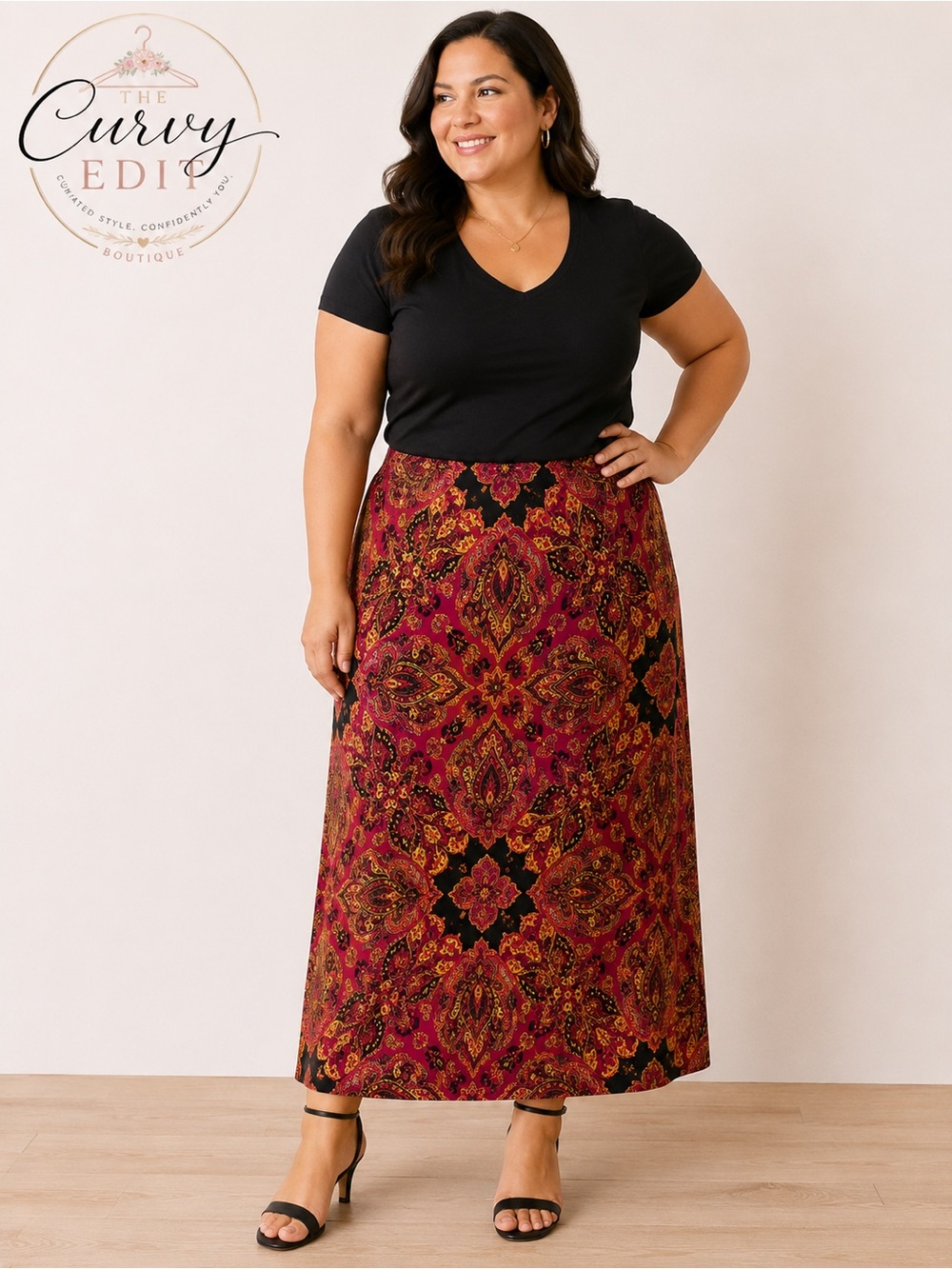 Paisley Print Pull-On Midi Skirt Size 14W | Burgundy Pink Boho Stretch Waist